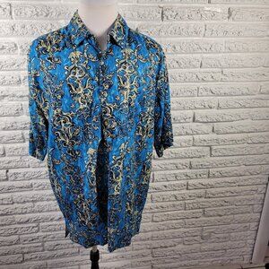 BI Bay Sports Mens Shirt XXL Short Sleeve Blue Floral Collar Rayon FLO77E